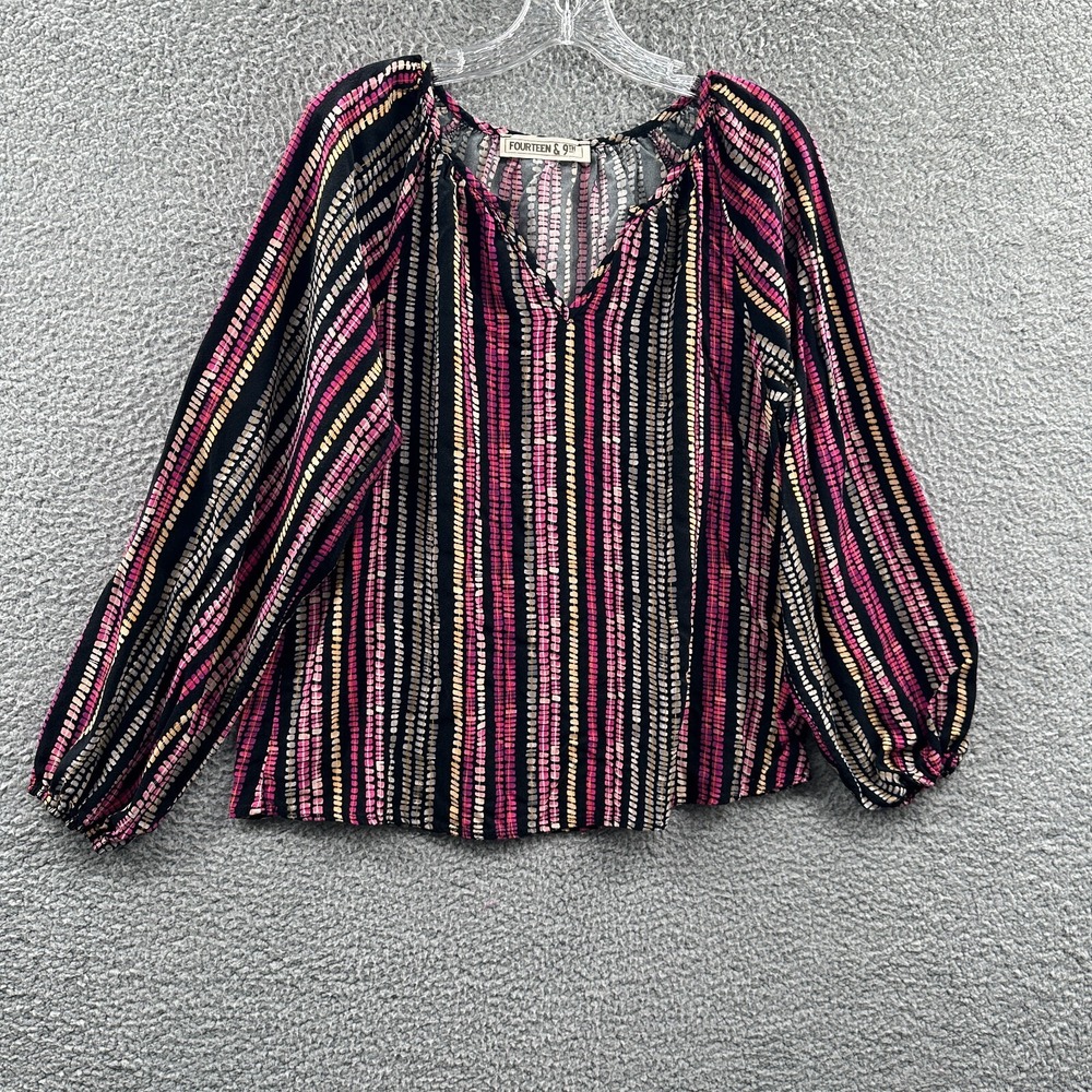 Womens Artsy Blouse L Indie Abstract Stripe Boho Flowing‎ Long Sleeve Split Neck